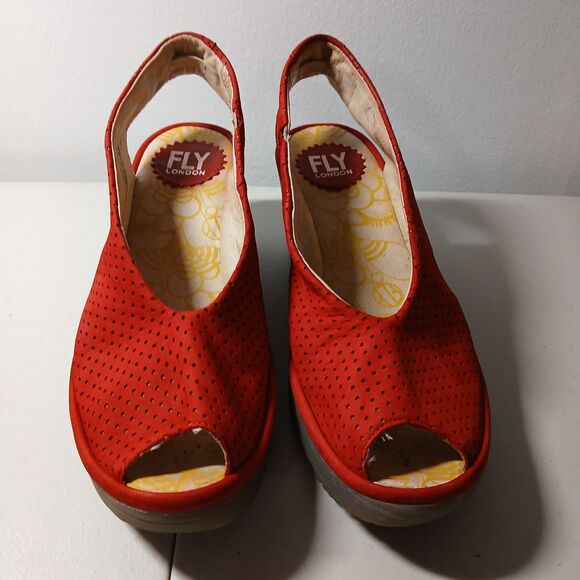 Fly London Women's Red Perforated Suede Leather Wedge Heels Sling Backs Size 37 - Picture 2 of 10
